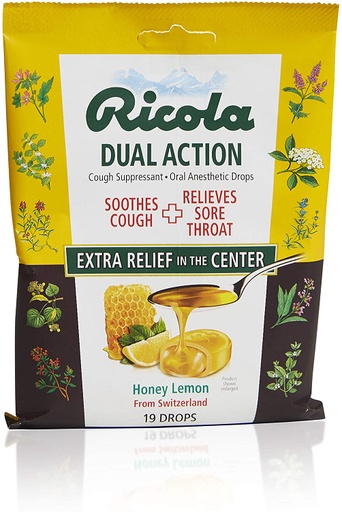 [99639] Ricola Dual Action Honey Lemon Cough And Throat Drops, 19 Count