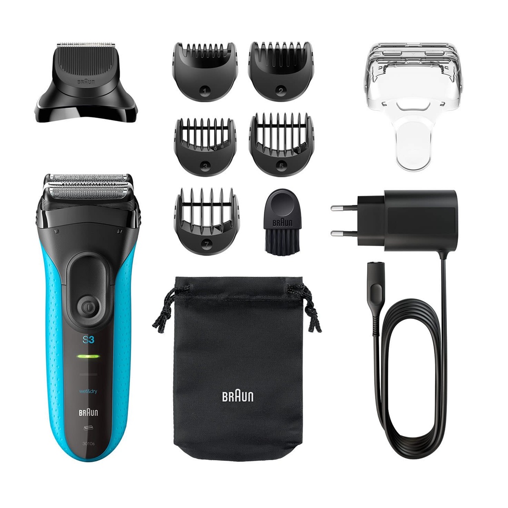 BRAUN Series 3 Shave + Style 3010BT Wet + Dry Shaver + Trimmer head, 5 combs, blue