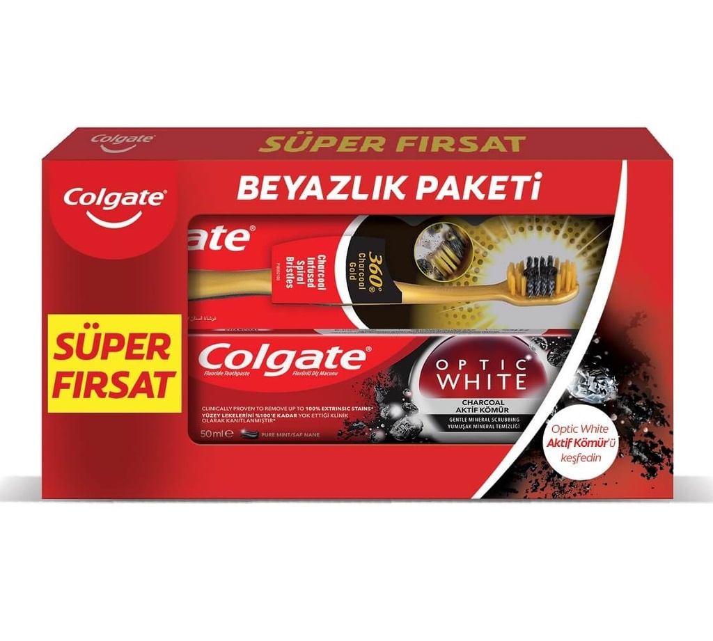 Colgate Optic White Activated Charcoal Toothpaste 360 Gold Toothbrush Pack