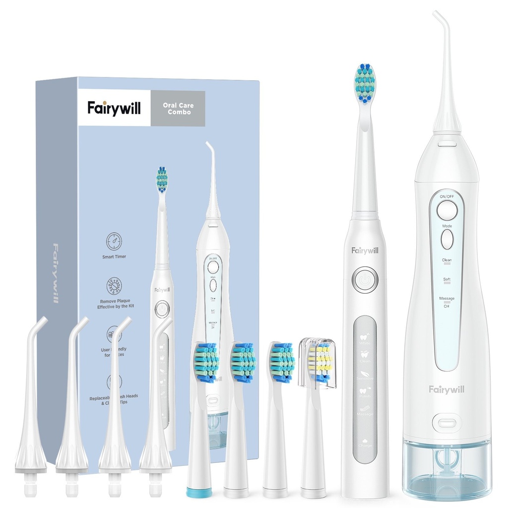 فيريويل جهاز تنظيف الأسنان بالماء / الري الفموي + فرشاة أسنان كهربائية بيضاء