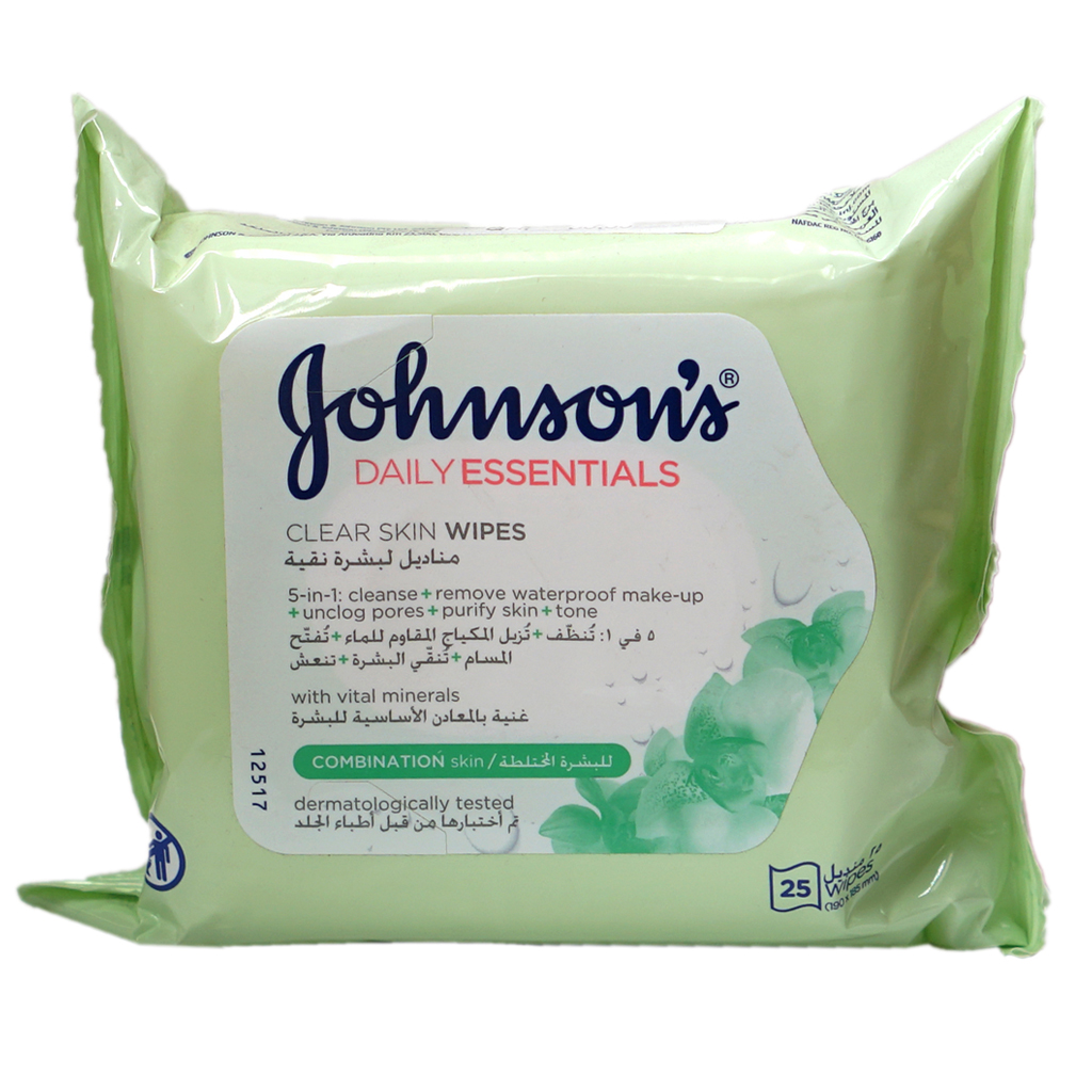 J&amp;J Johnson's Daily Essentials Clear Skin Green Wipes 25'S