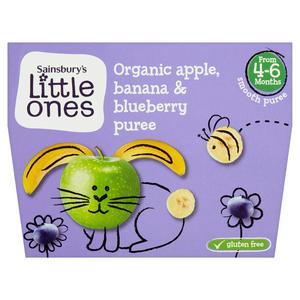 Sainsbury'S Little Ones Organic Apple, Banana &amp; Blueberry Smooth Puree 4 X 100G (400G)