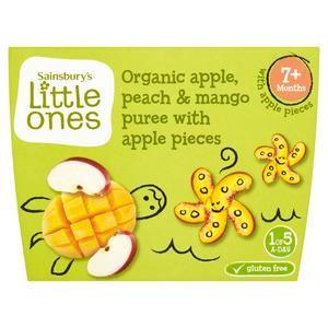 Sainsbury'S Little Ones Organic Apple, Peach &amp; Mango Puree 7+ Months 4 X 100G (400G)