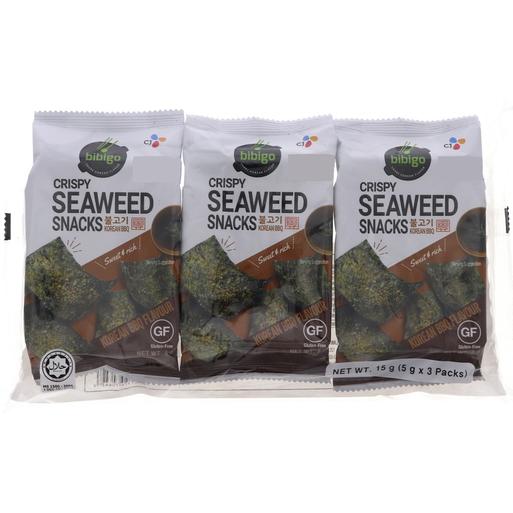 Bibigo Crispy Seaweed Snacks KOREAN BBQ 19g (5g x 3 packs)