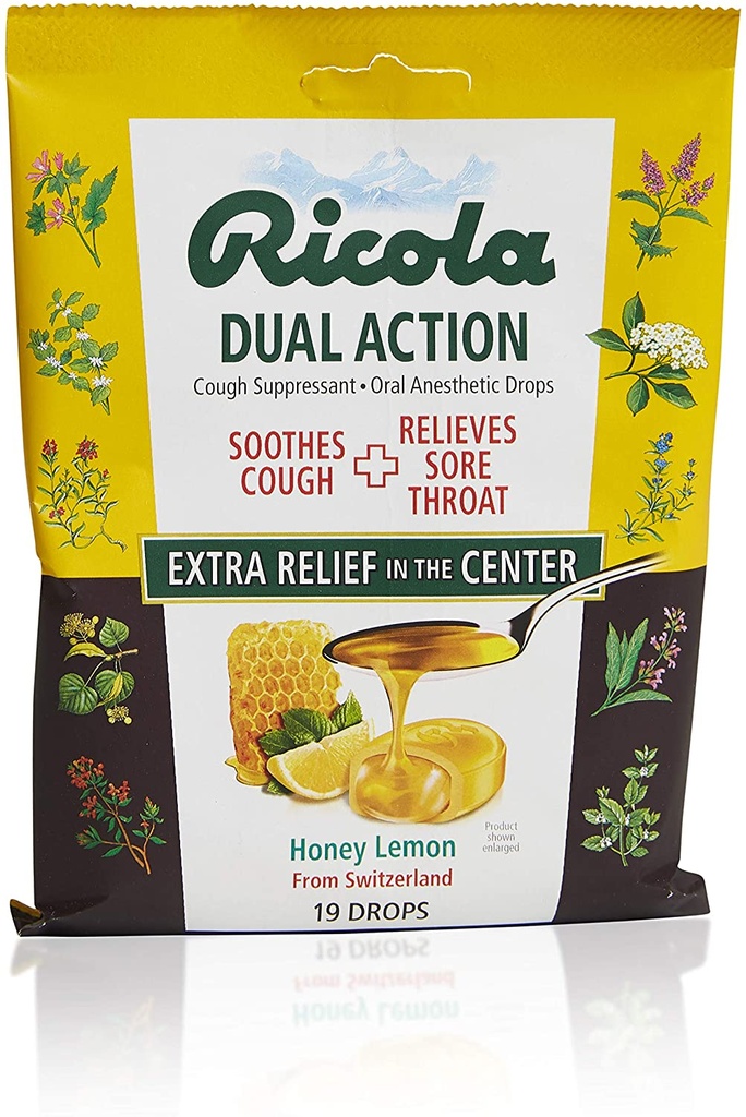 ريكولا قرص مزدوج الفعالية بالعسل والليمون والسعال والحلق ، 19 قطعة