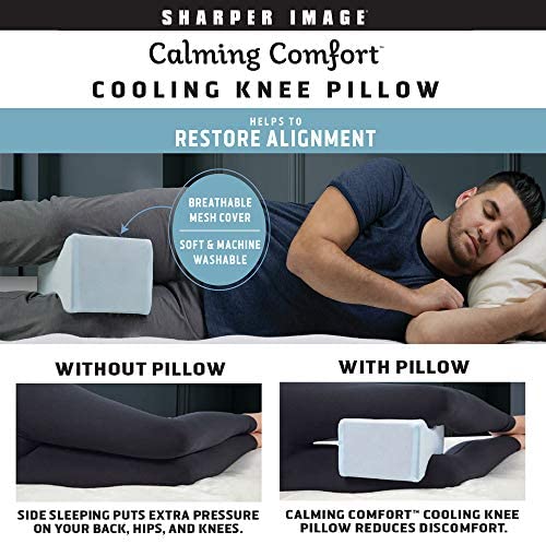 Calming Comfort Cooling Knee Pillow By Sharper Image- Charcoal Infused Memory Foam With Cooling Gel- Helps Side Sleepers Align Spine