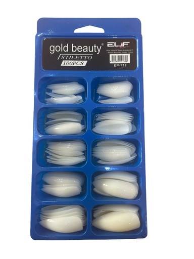 [125660] Gold Beauty Pointed Fake Nails - White 100pcs