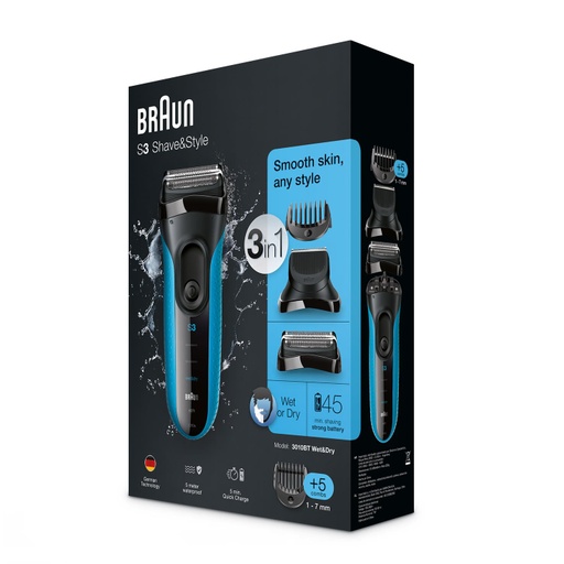[62613] Braun Series 3 Shave + Style 3010Bt Wet + Dry Shaver + Trimmer Head, 5 Combs, Blue