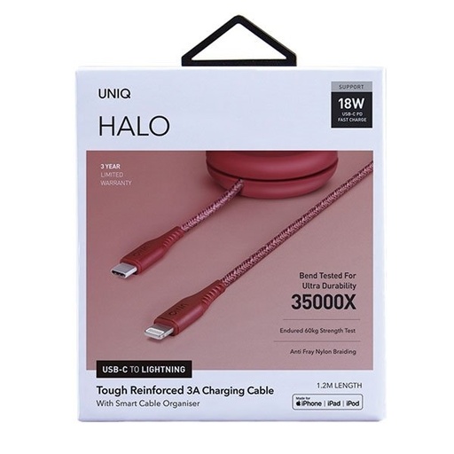 [68445] MFI Halo USB-C-Lightning cable 18W nylon retractable 1.2m - RED