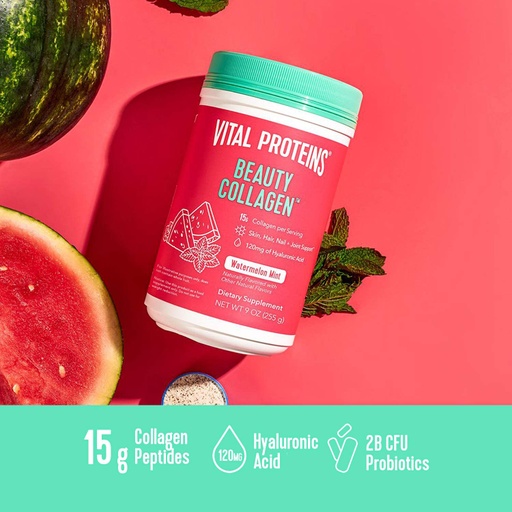 [99652] Vital Proteins Beauty Collagen Peptides Powder Supplement for Women, 120mg of Hyaluronic Acid, 15g of Collagen Per Serving, Enhances Skin Elasticity and Hydration, Watermelon Mint, 9oz Canister